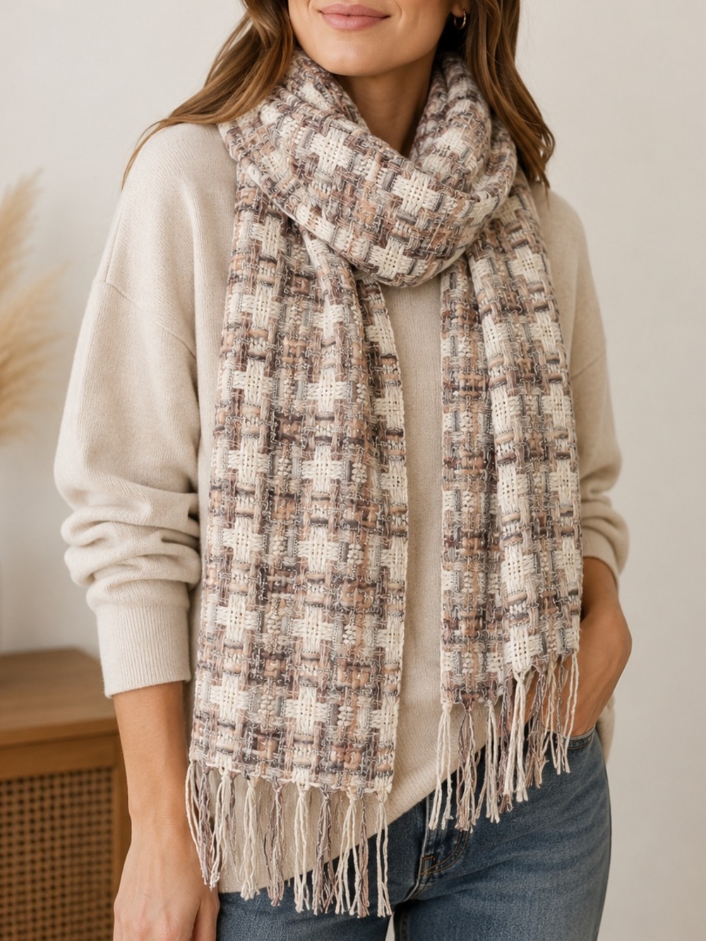 SUANTRAI 100% Pure New Wool Neutral Woven Fringe Scarf Wrap